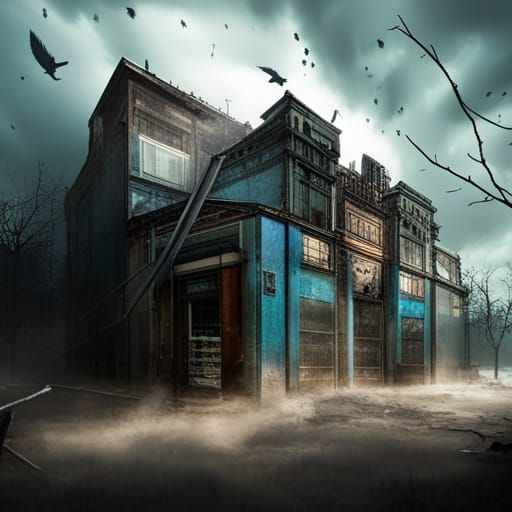 Dramatic Abandoned Building on Stormy Day