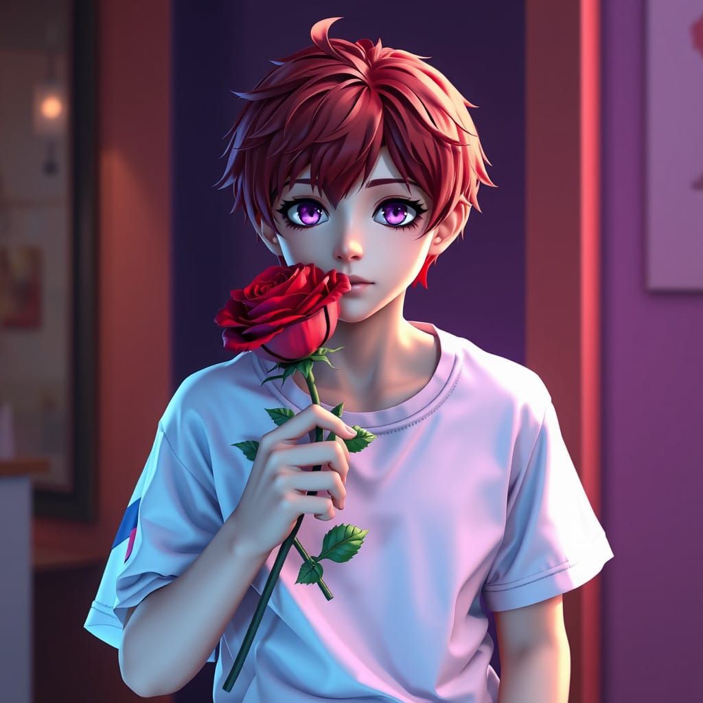Vibrant Boy in Anime Style, Holding a Red Rose