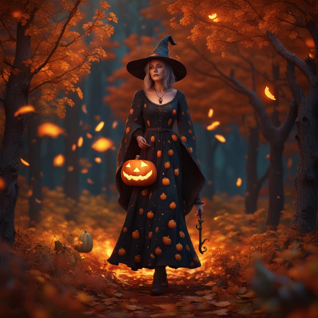Witch in Autumn Garden at Night