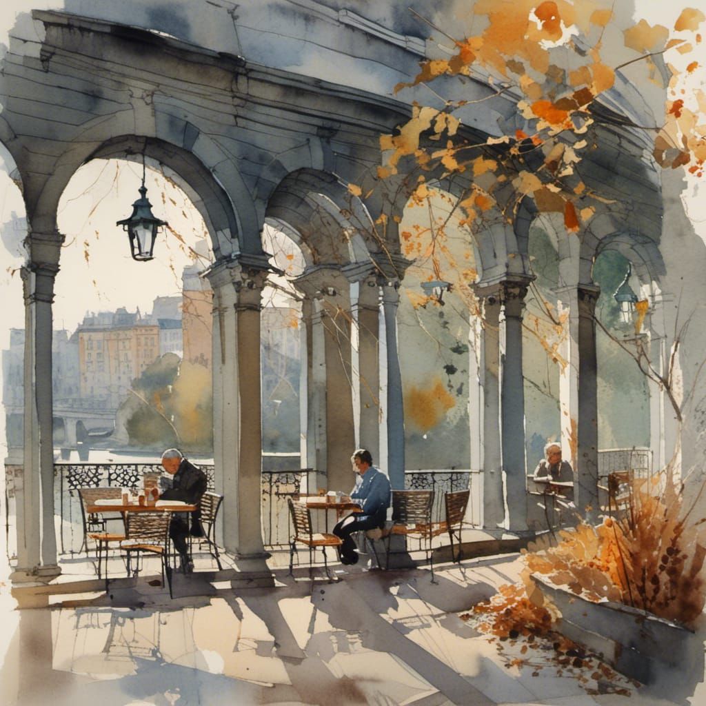 Autumn Park Cafe: Watercolor Impasto Painting
