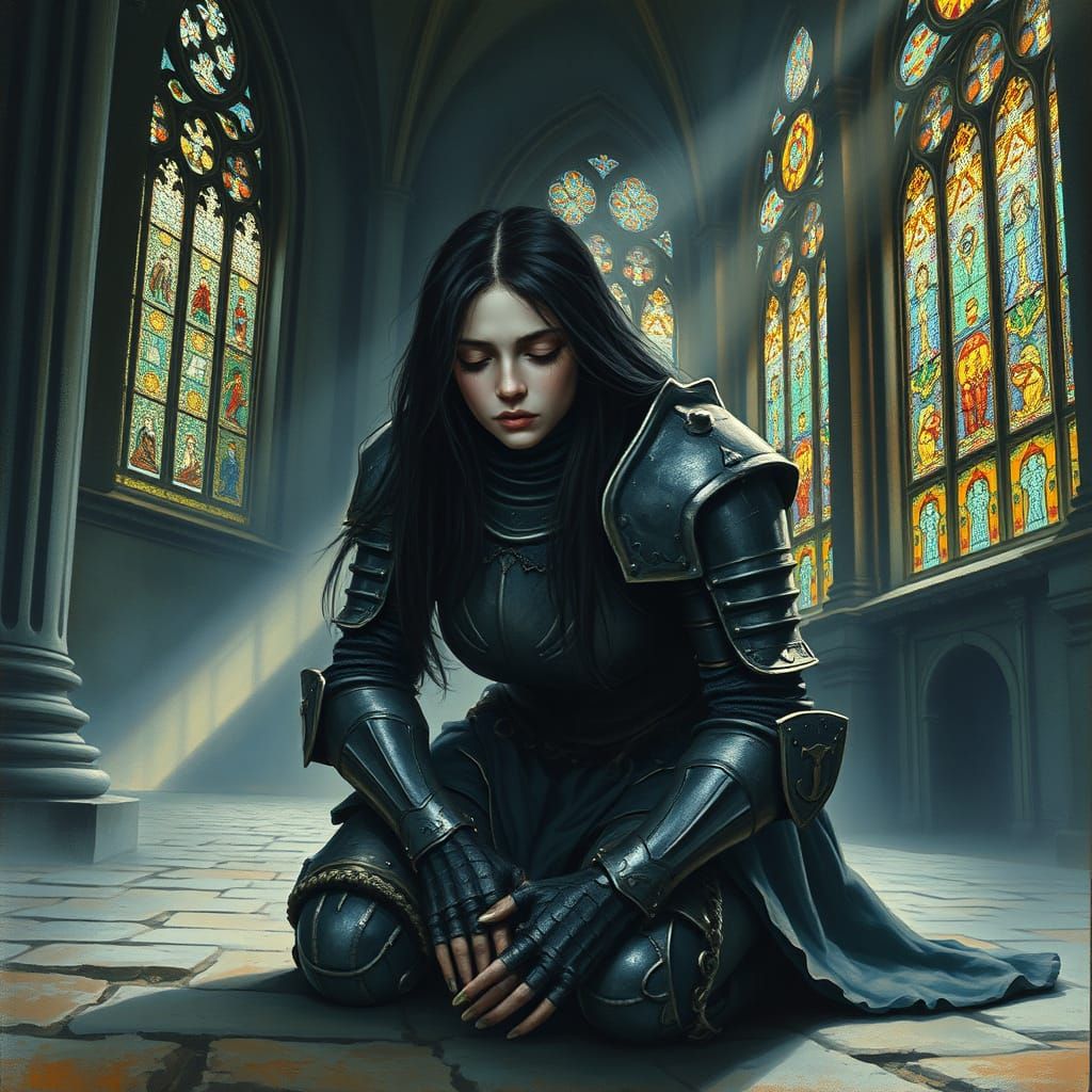 Gothic Female Knight in Defeat, Majestic Ancient Building