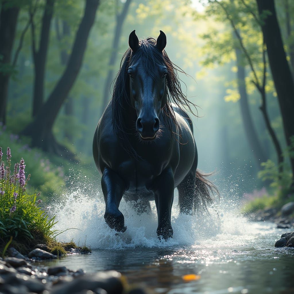 Black Horse Emerges From Forest Stream in Watercolor Style