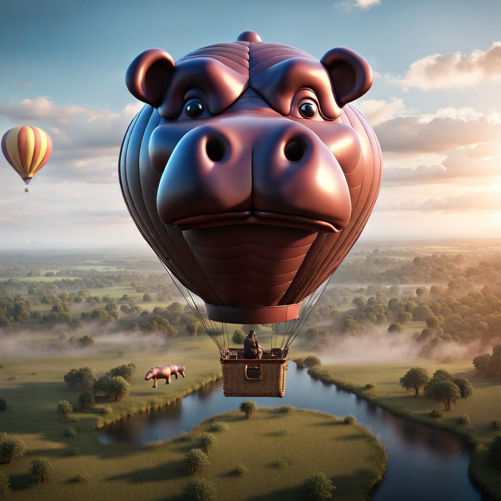 Hippo Hot Air Balloon Over Countryside: Digital Art