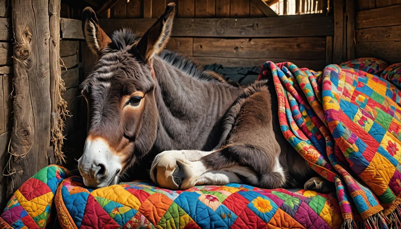 Donkey Sleeping Under Quilted Blanket in Barn
