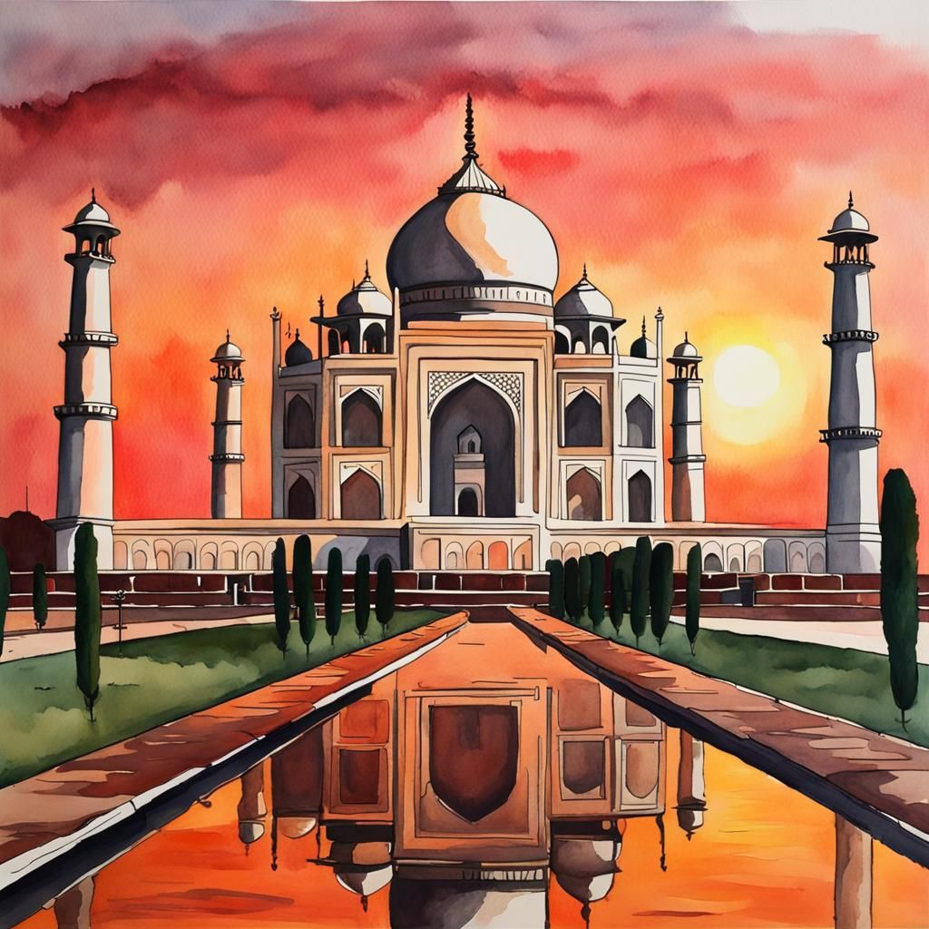 Taj Mahal at Sunset in Watercolors