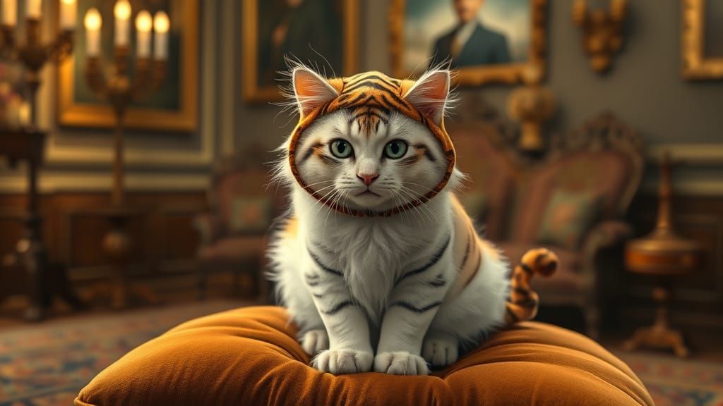Photorealistic Cat in Tiger Costume on Velvet Cushion