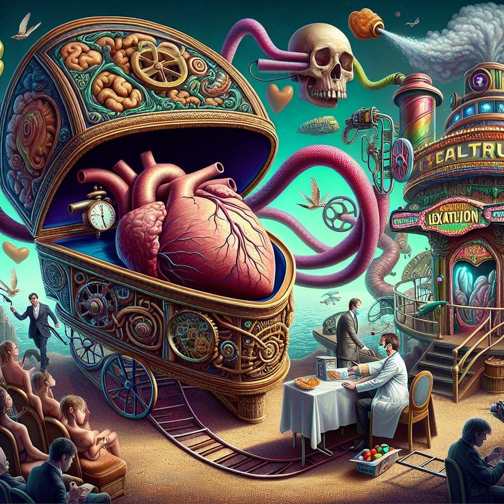 Surreal Steampunk Funeral Park with Expired Timepiece Heart