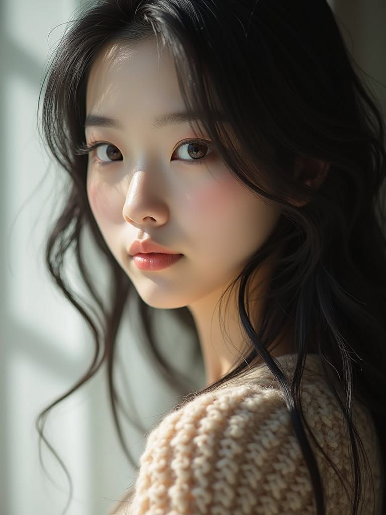 Serenely Smiling Young Woman in Soft Pastel Sweater