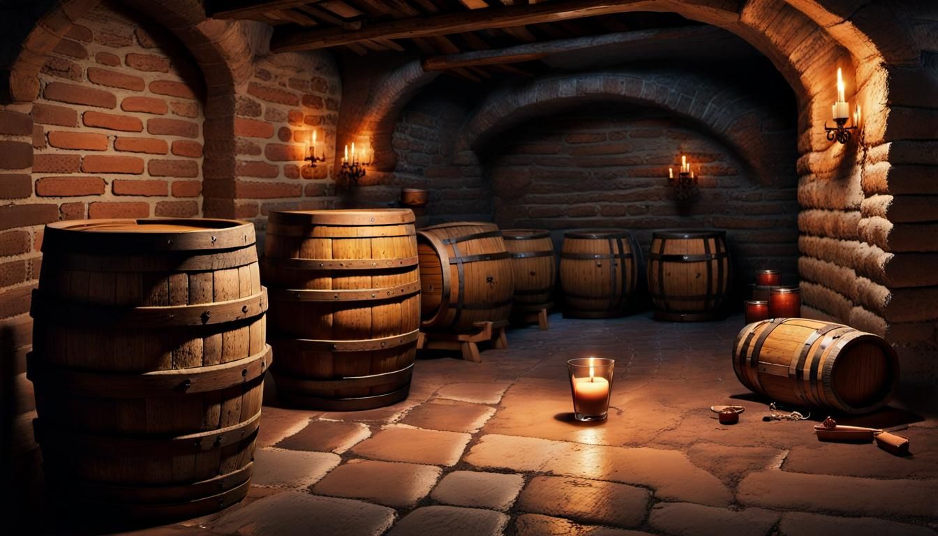 Realistic Rum Cellar with Leaking Barrels and Rats
