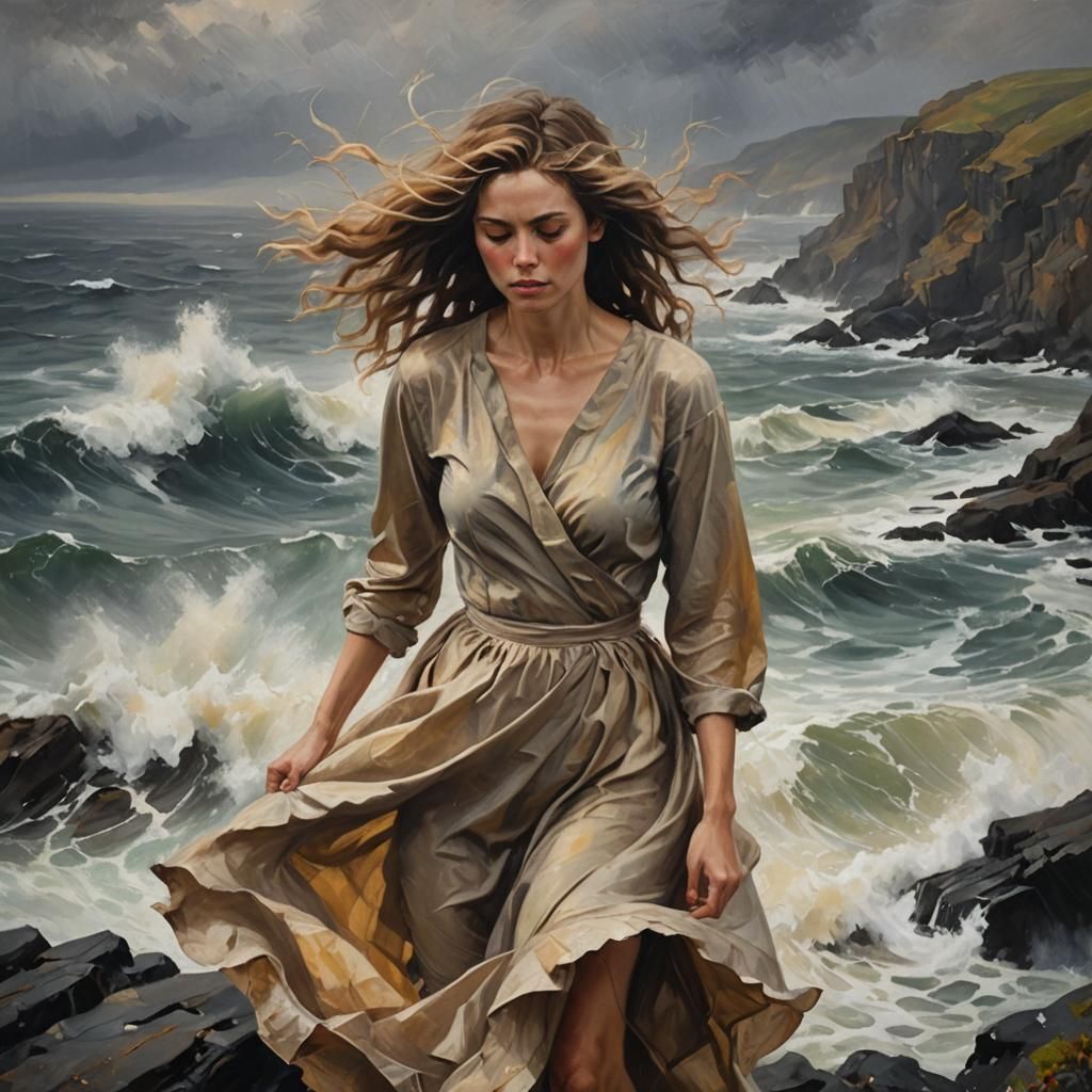 Impressionistic Woman on Cliff Above Dark Ocean