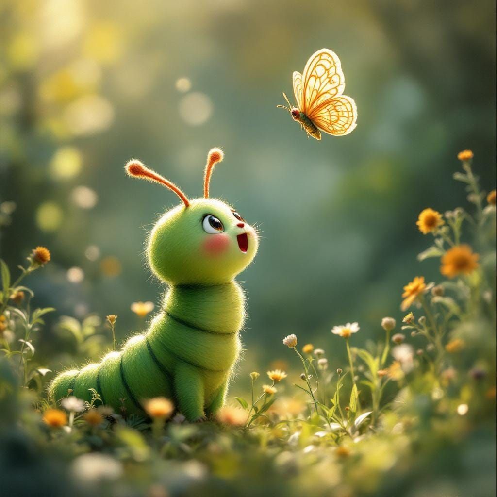 Caterpillar and Butterfly in Watercolor Garden