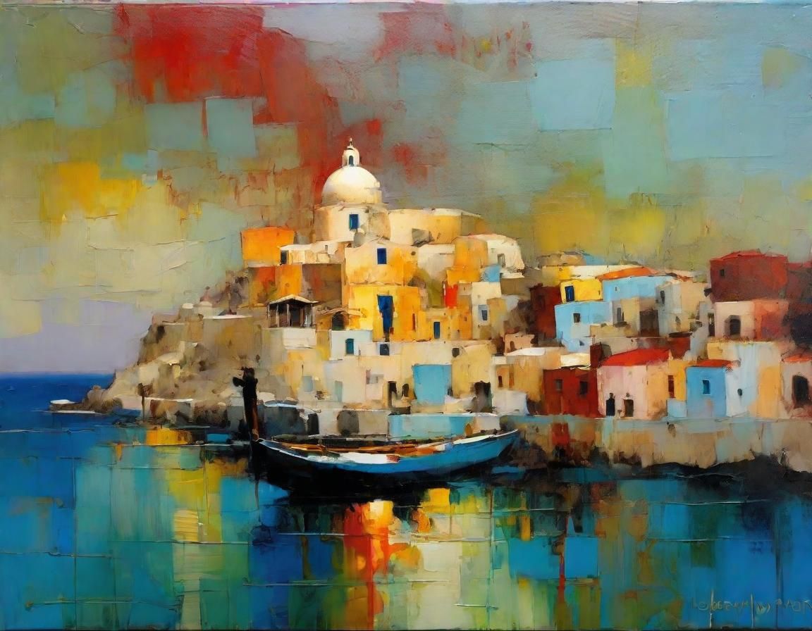 Santorini Encaustic Painting in Impressionist Style