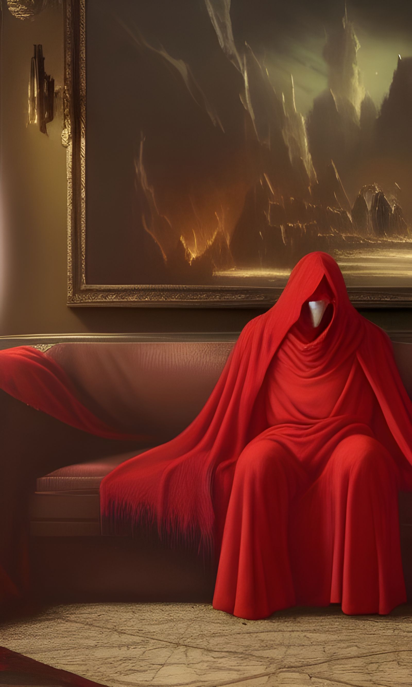 Figure in Red Cloak on Couch