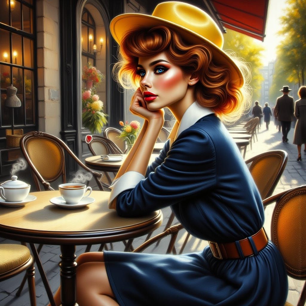 Woman at Cafe Terrace in Edward Hopper Style
