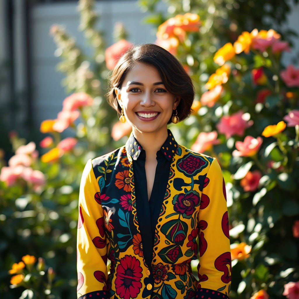 Joyful Woman in Colorful Jelaba Among Flowers