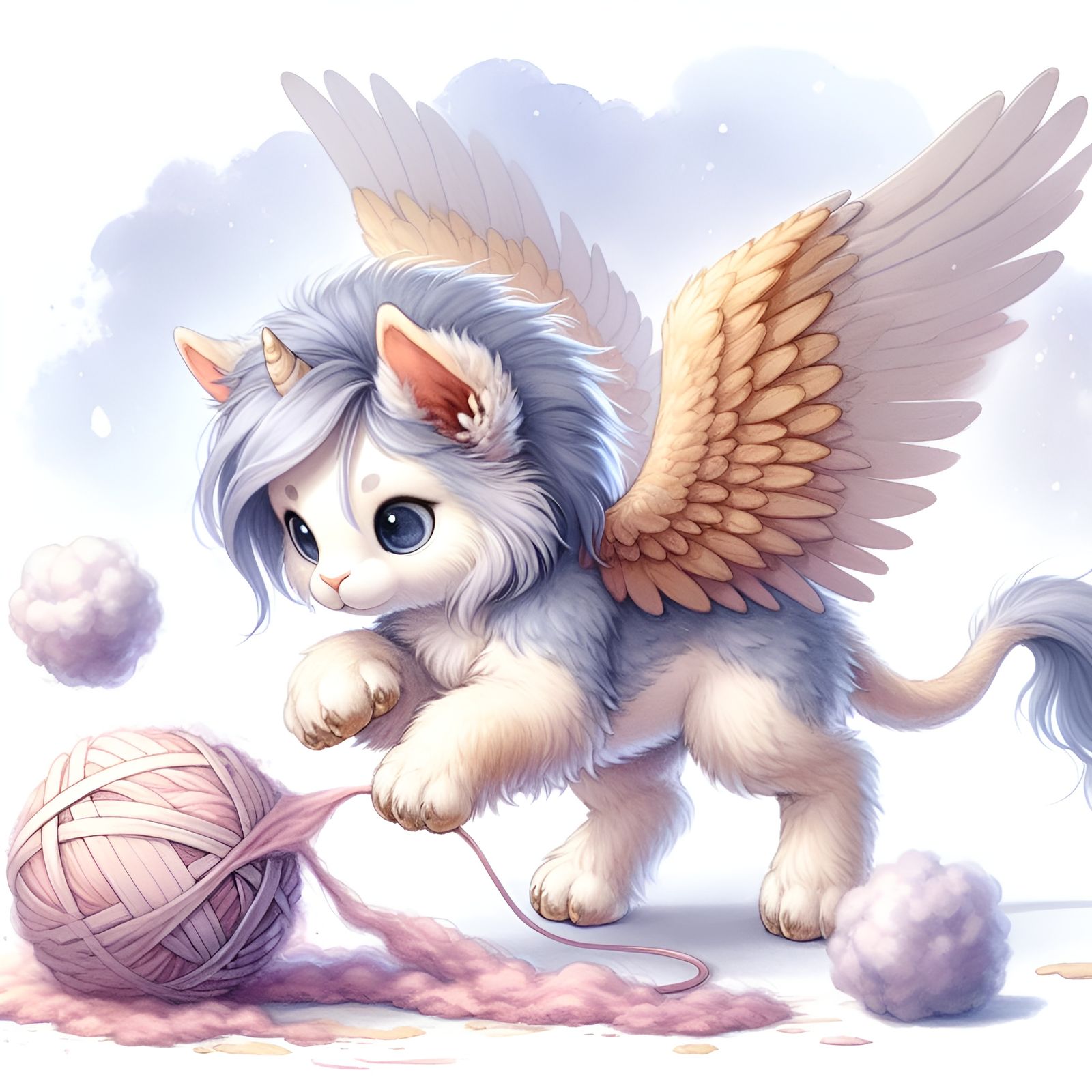 Whimsical Watercolor of a Pegasus Cat Playing