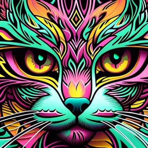 Psychedelic Cat Portrait in Airbrush Style