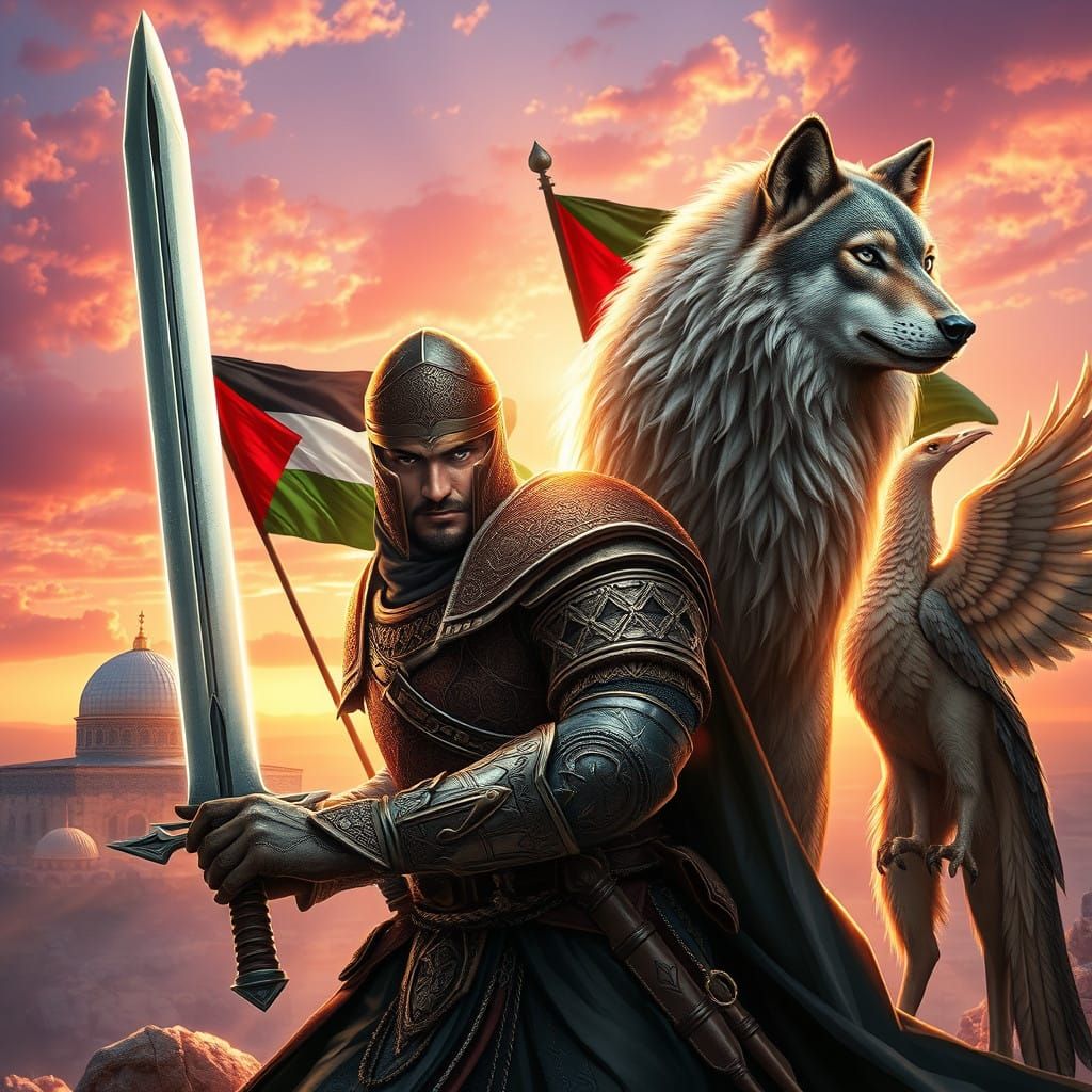 A Palestinian warrior clad in traditional armor inspired by ancient  holding a Giant sword glowing . On one side, a maje...