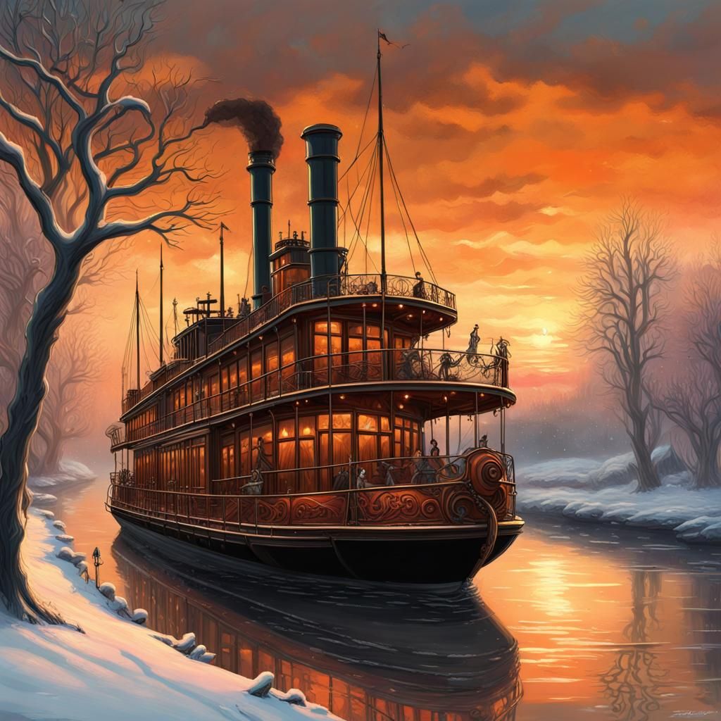 steampunk gothic steamboat  in a winter wonderland