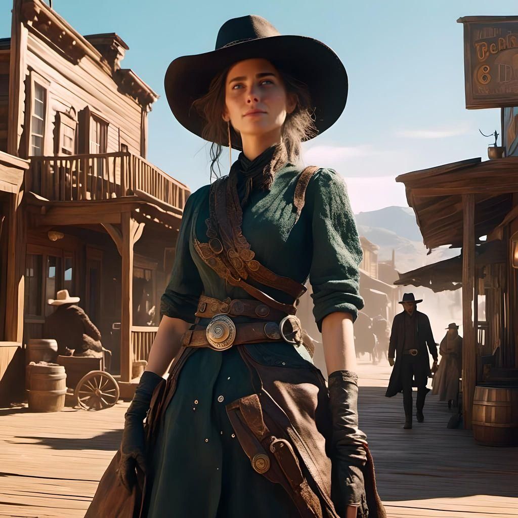 Detailed Lady Gunslinger in Western Town