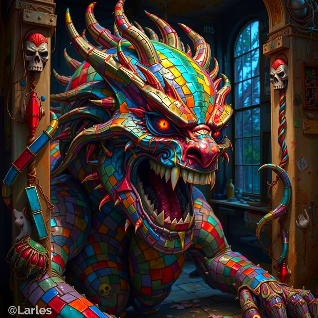 Surreal, Colorful Mosaic Monster Rises from Dark Chaos