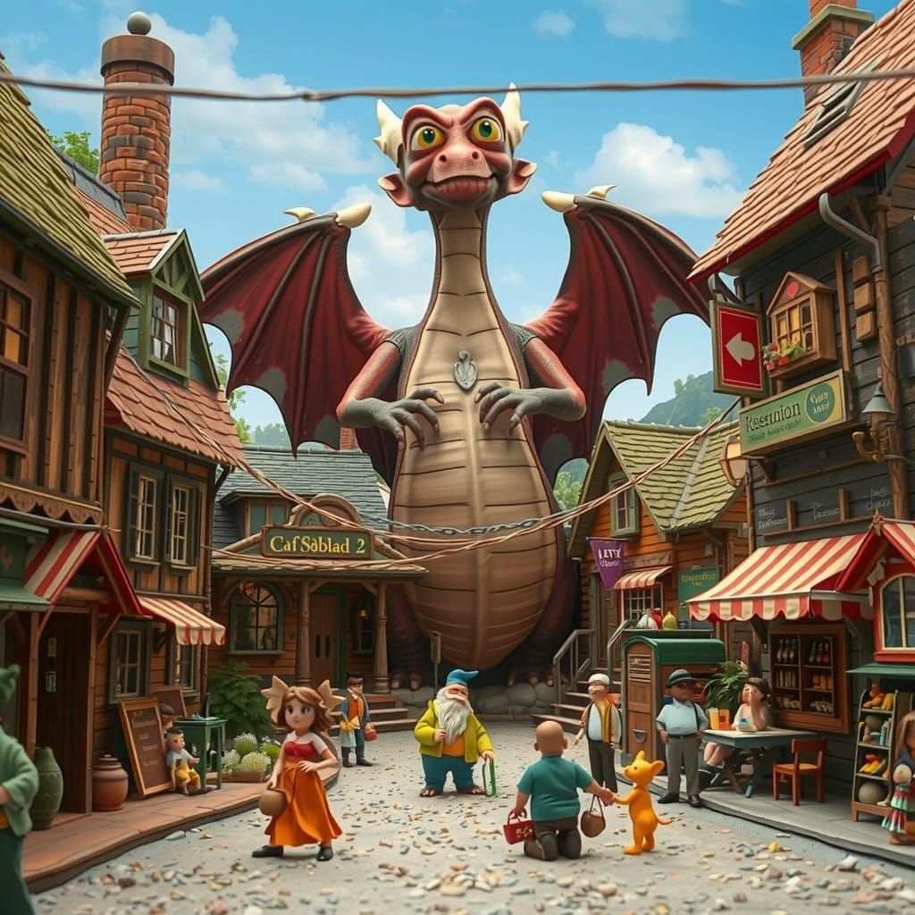 Whimsical Claymation Village with a Majestic Dragon