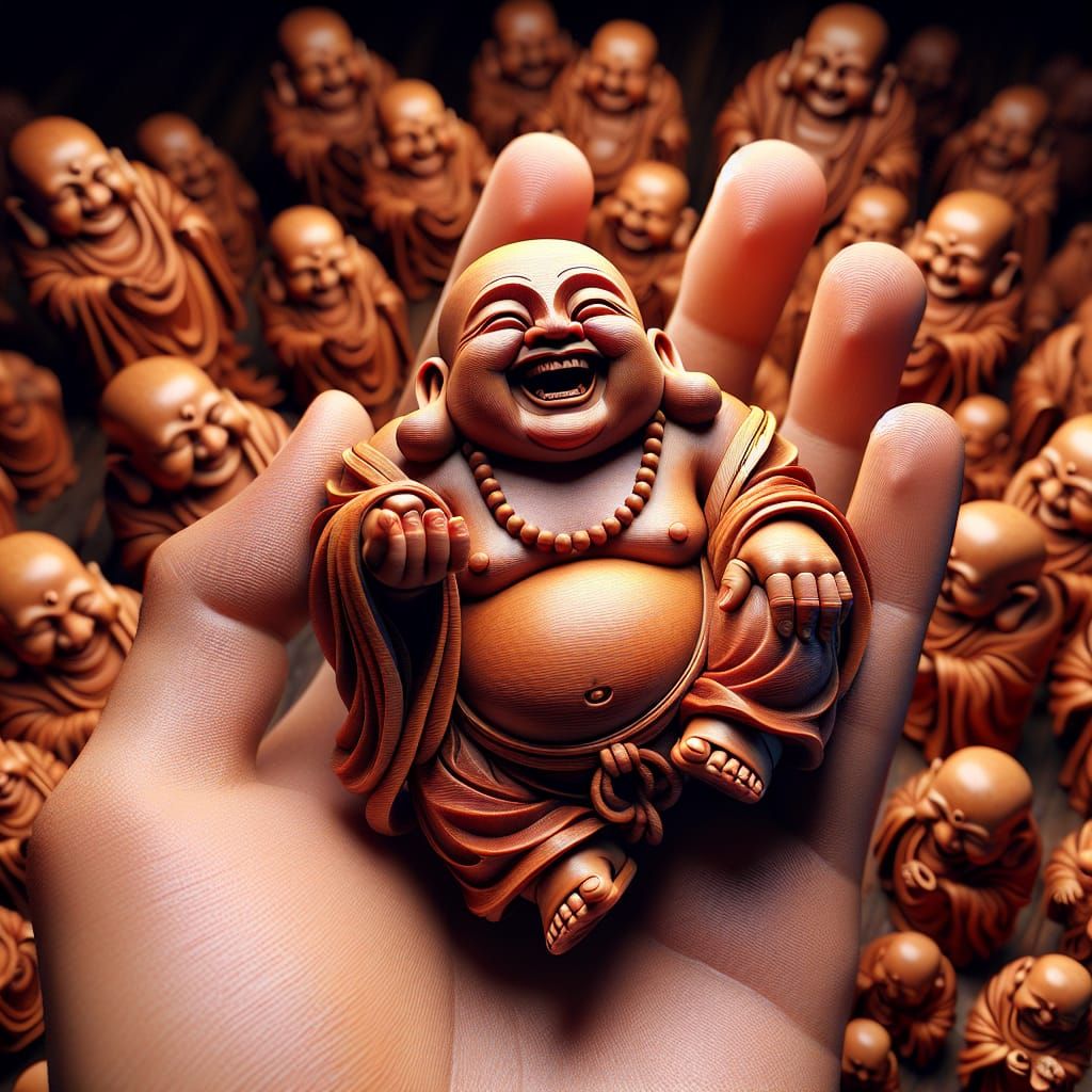 Dancing Buddha Cherry Wood Carving: Hyperrealistic Charm