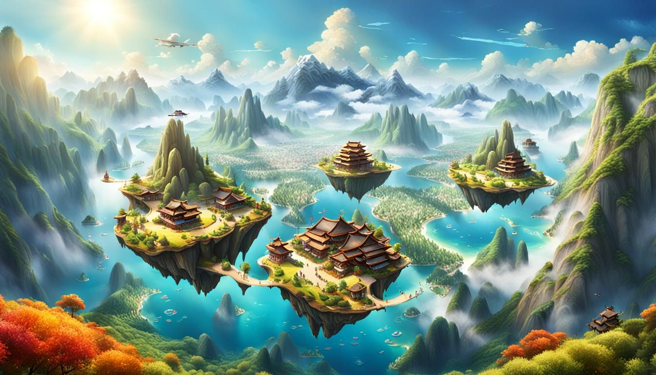 Photorealistic Landscape with Floating Islands and Mountains