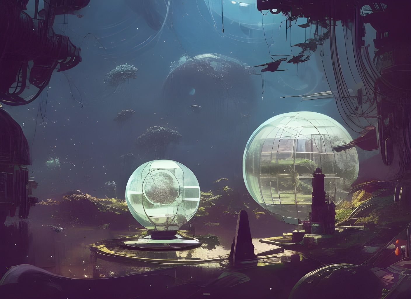 Lush Biospheres on Derelict Spaceship: Watercolor Art