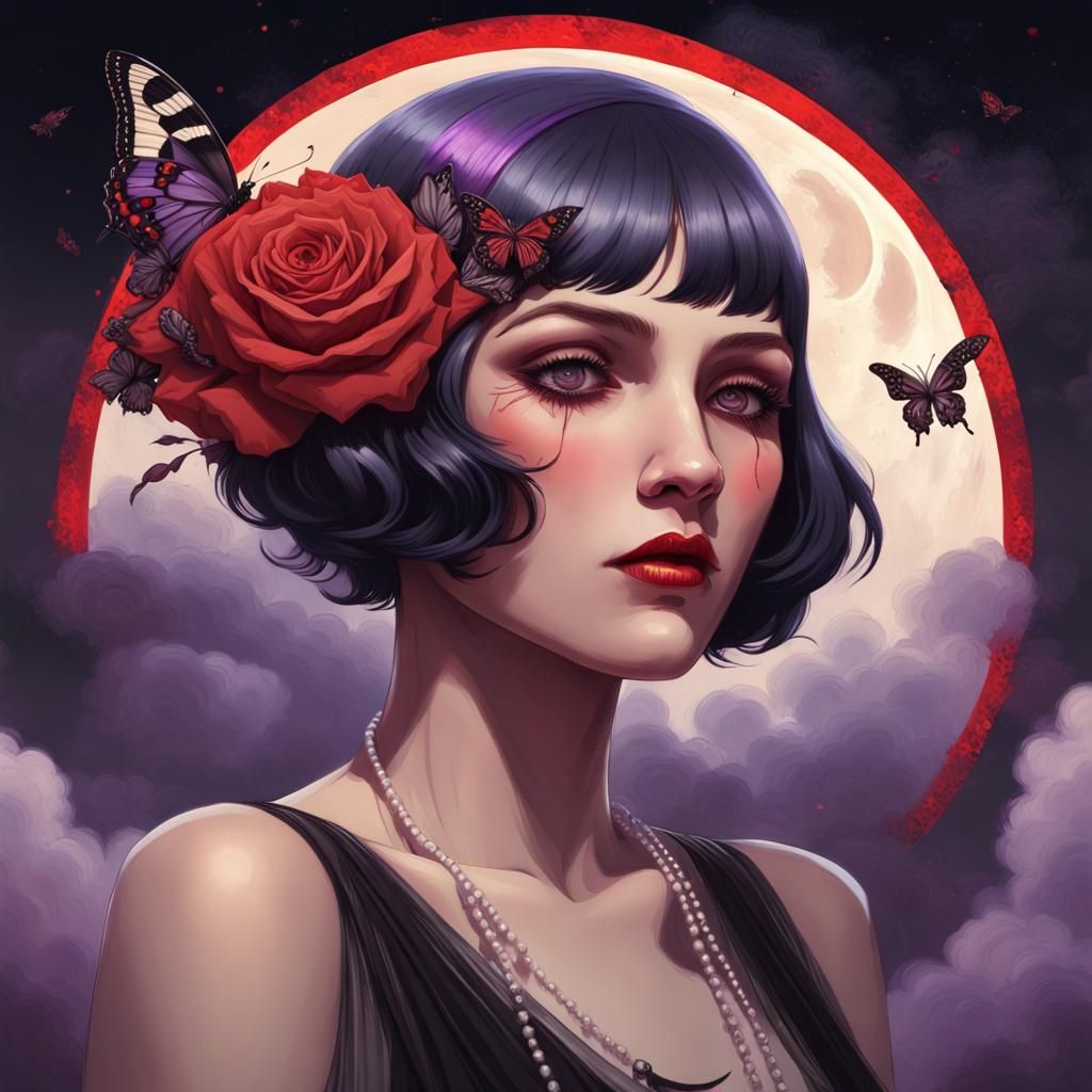 Gothic Flapper Portrait with Roses and Celestial Elements