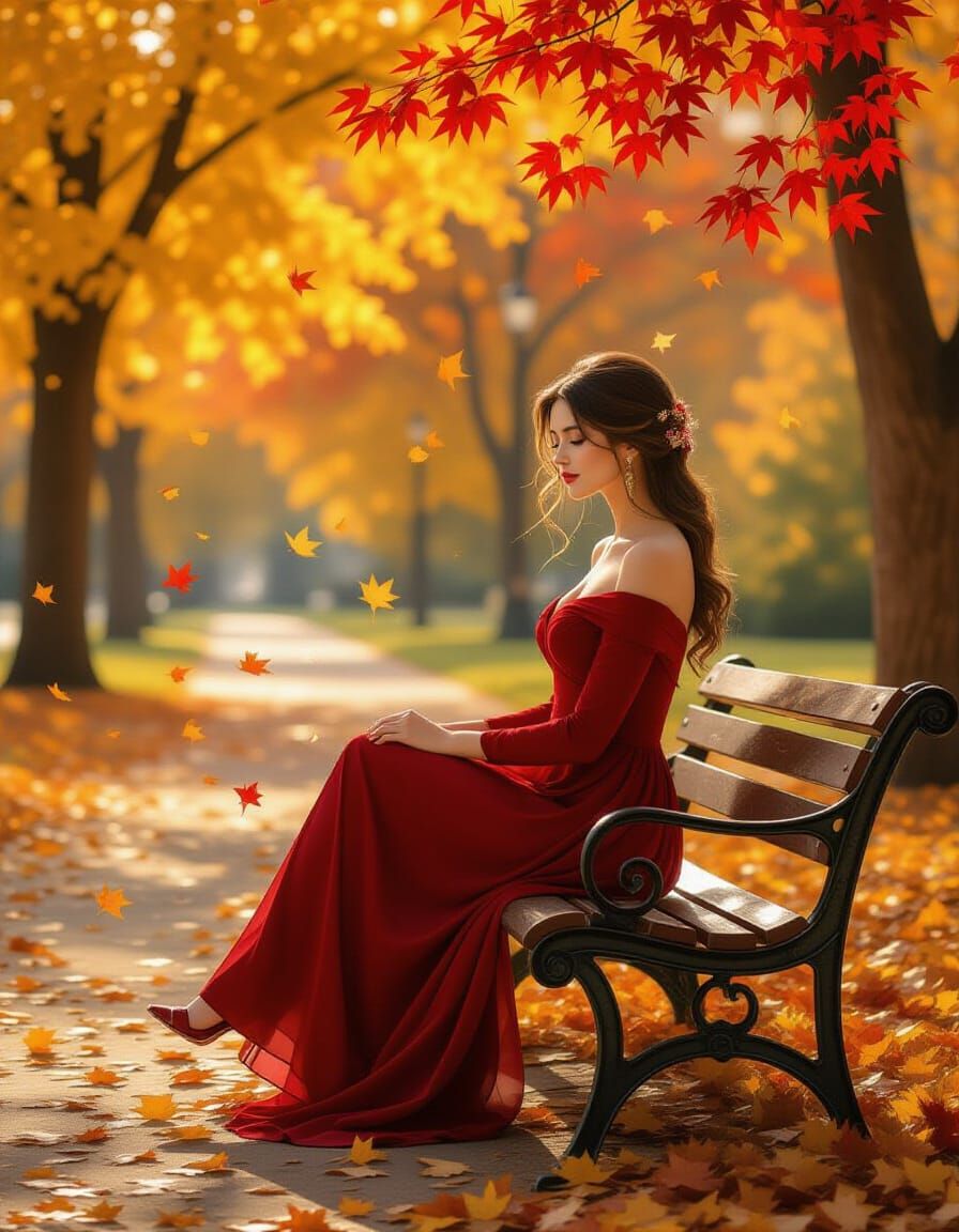 Romantic Autumn Portrait of Woman on Park Bench with Golden ...