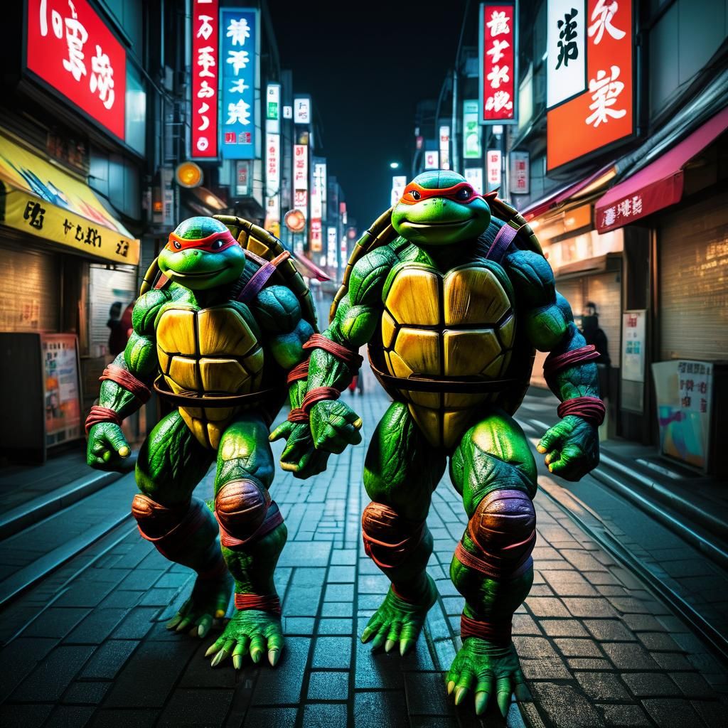 Ninja Turtles Run Through Tokyo at Night