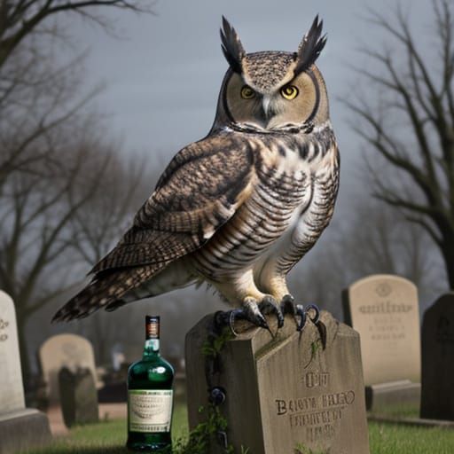 Colorful Owl Guarding Bourbon in Graveyard