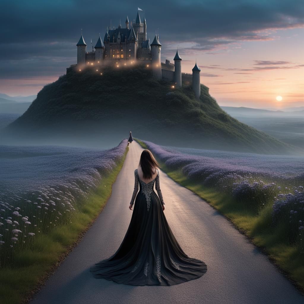 Woman Walks to Castle at Twilight