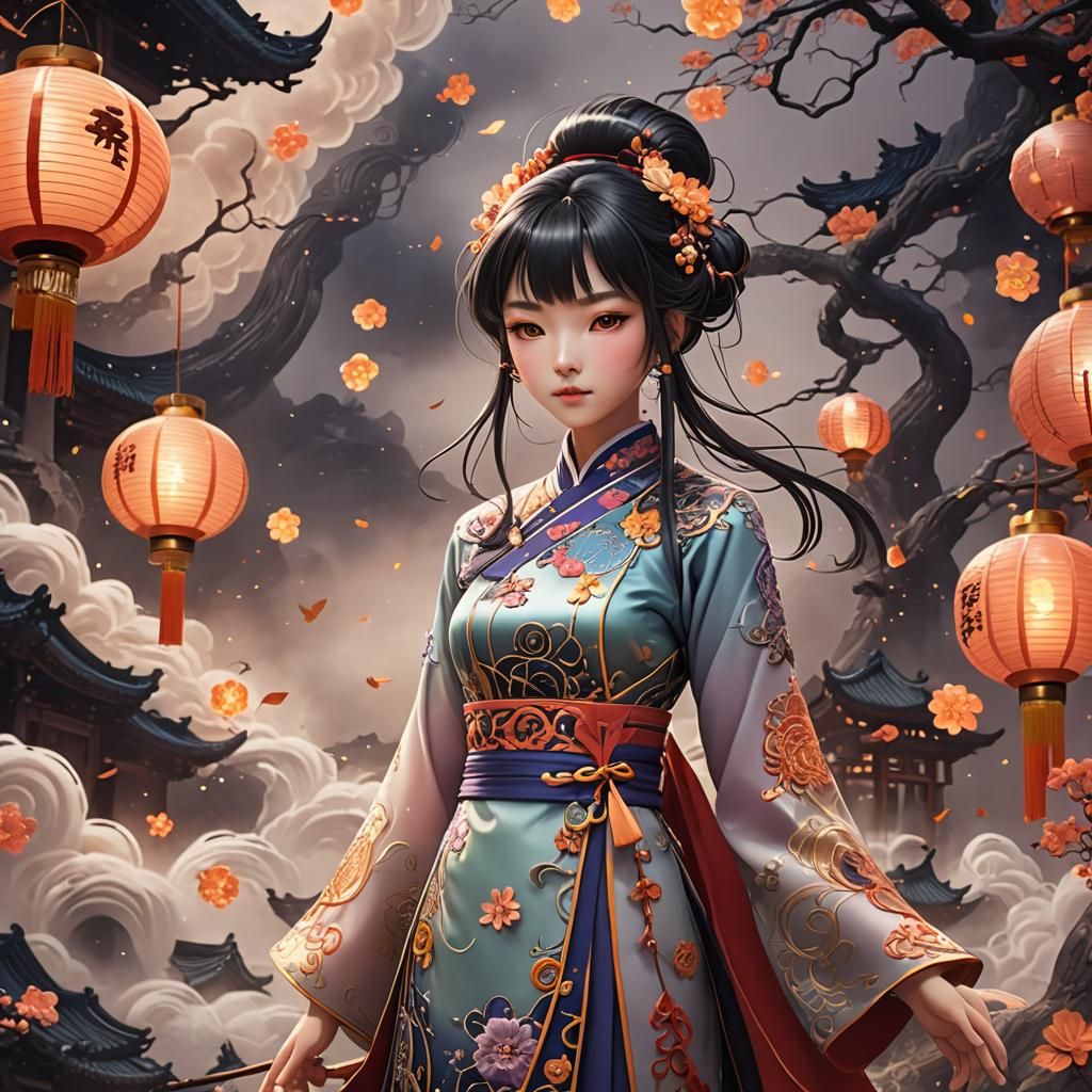 Anime Witch in Qipao with Lanterns