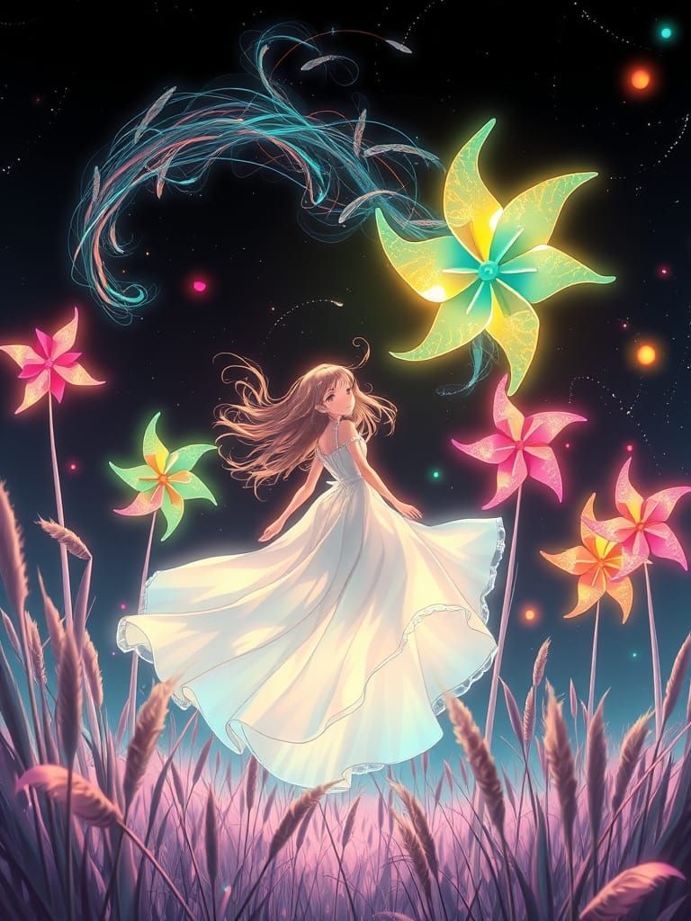 Neon Anime Girls Flying with Pinwheels in Bioluminescent Pas...