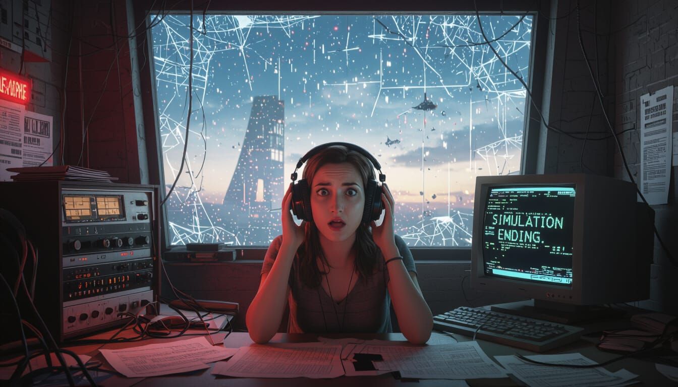 Woman Shocked in Glitching Radio Studio as Simulation Ends