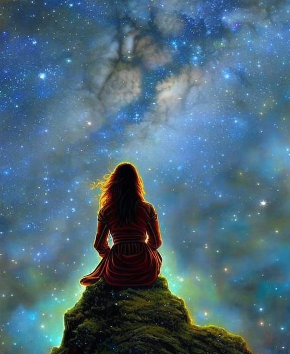 Girl Gazing at Milky Way: Digital Illustration