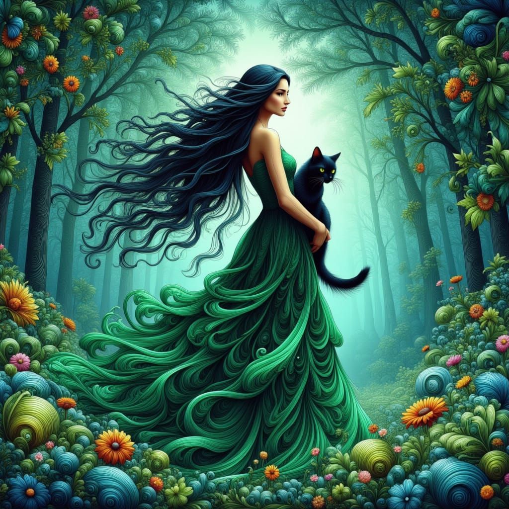 Lady with Cat in Moonlit Forest, Watercolor Fantasy Art