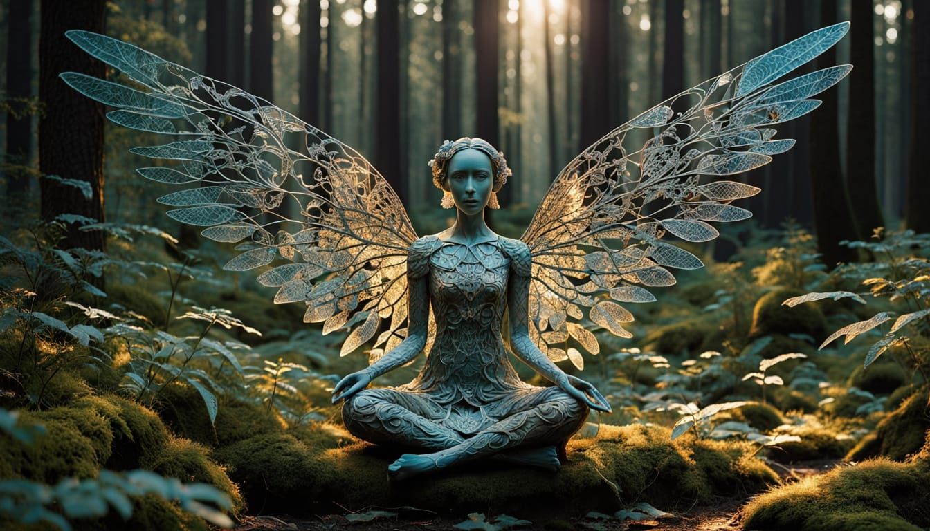 Surreal Goddess Blossoms with Majestic Wings in Cyberpunk-In...