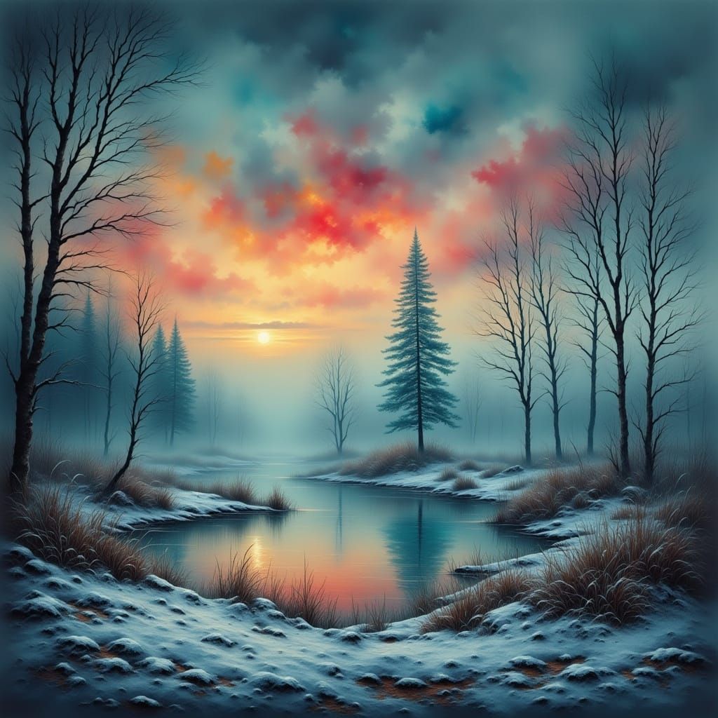 Winter Pond in Vibrant Watercolor