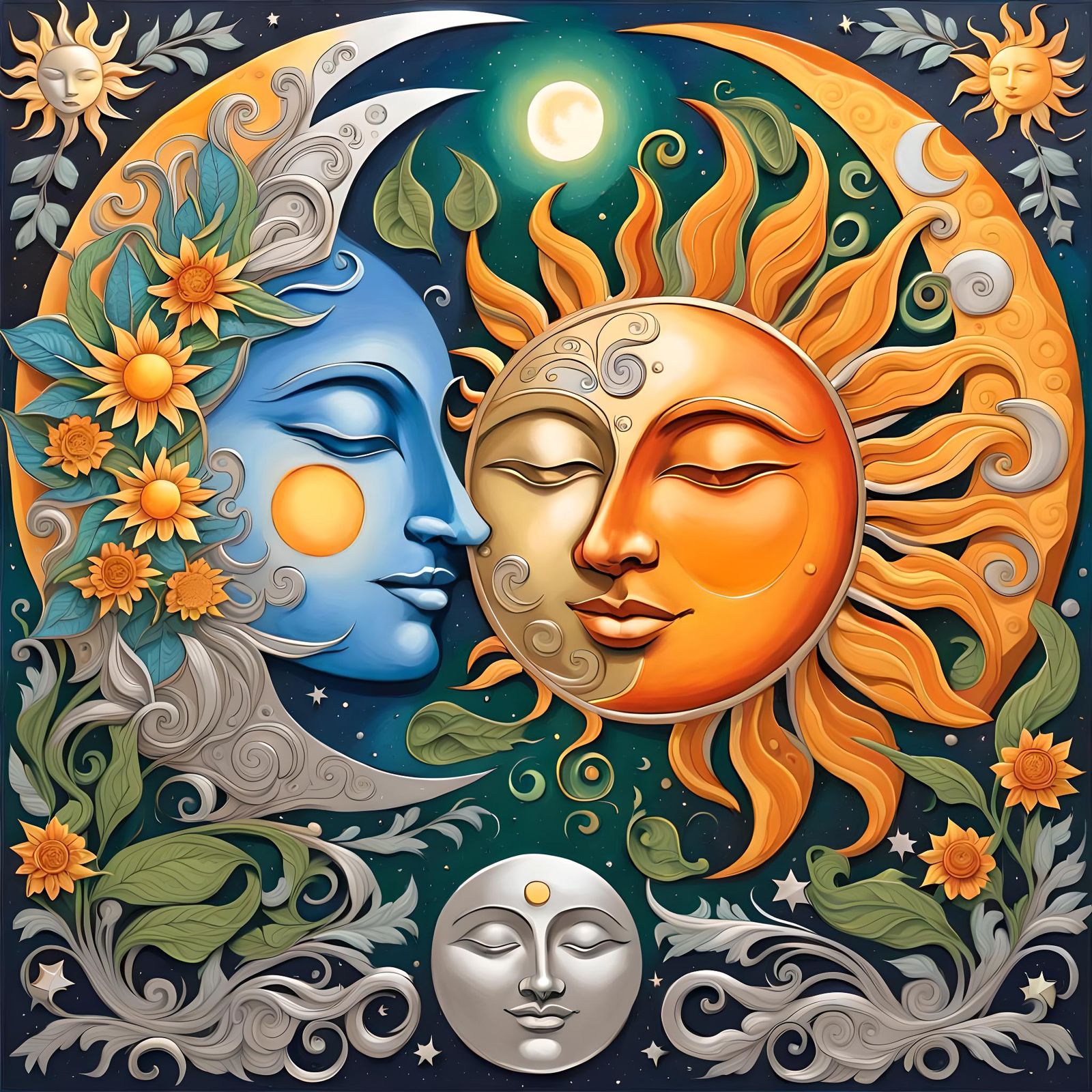 Celestial Sun and Moon Faces in Abstract Harmony