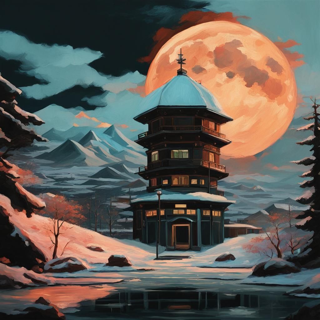 Snow Covered Dojo in Japan: Oil Painting
