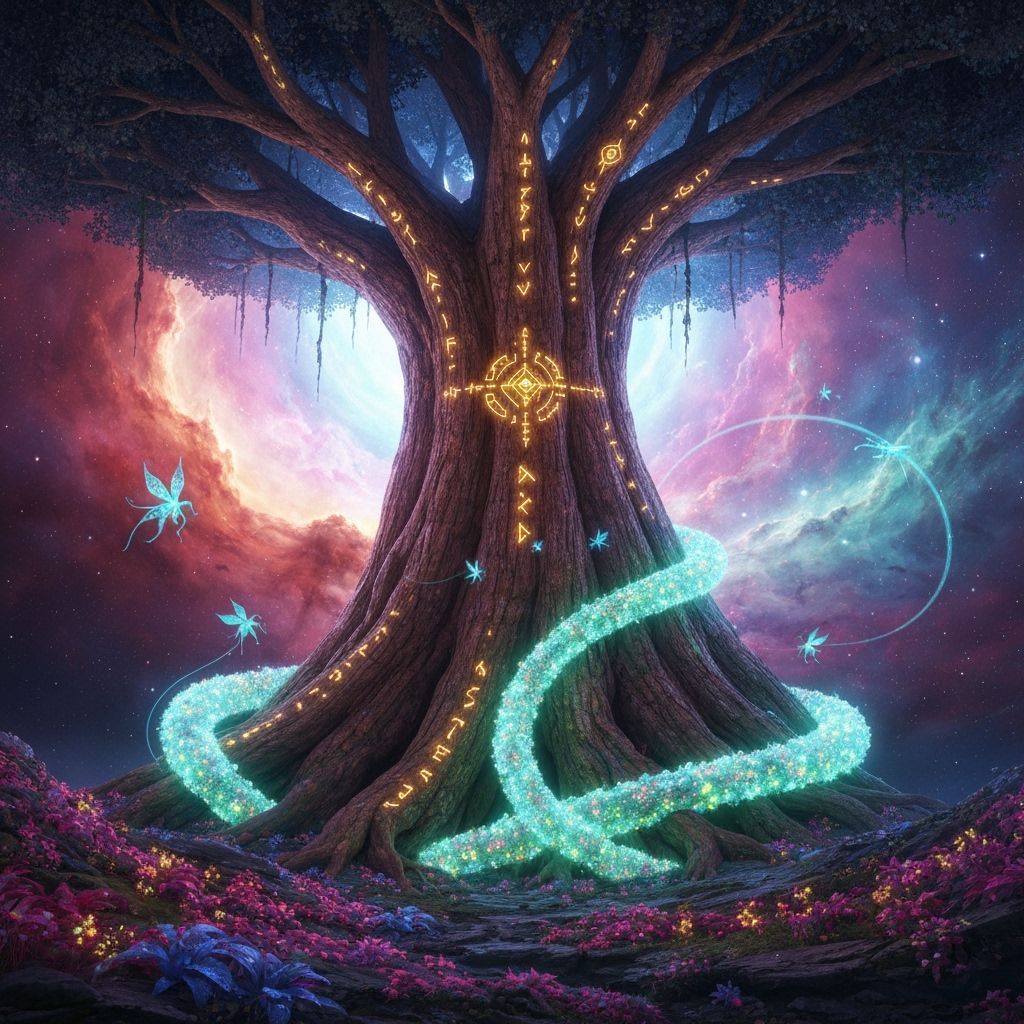 Cosmic Tree Nexus in Swirling Nebula, Hyperrealistic Style