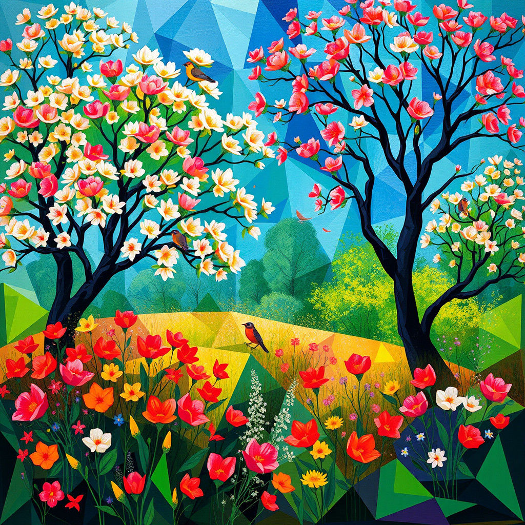 Vibrant Cubist Spring Landscape in Fauvist Colors