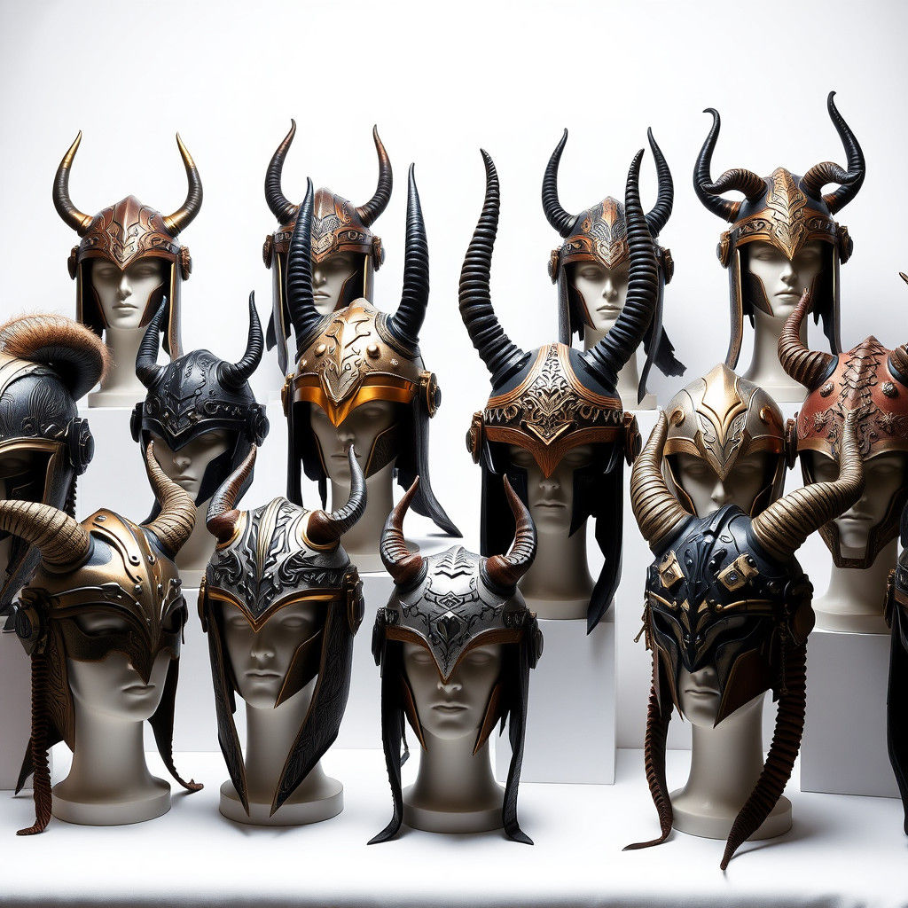 Luxurious Horned Helmet Collection on White Backdrop