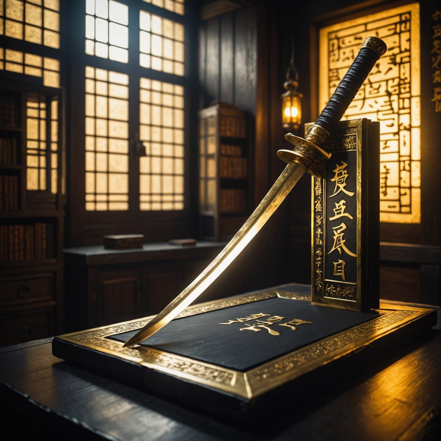 Katana on Ancient Tablet with Golden Script