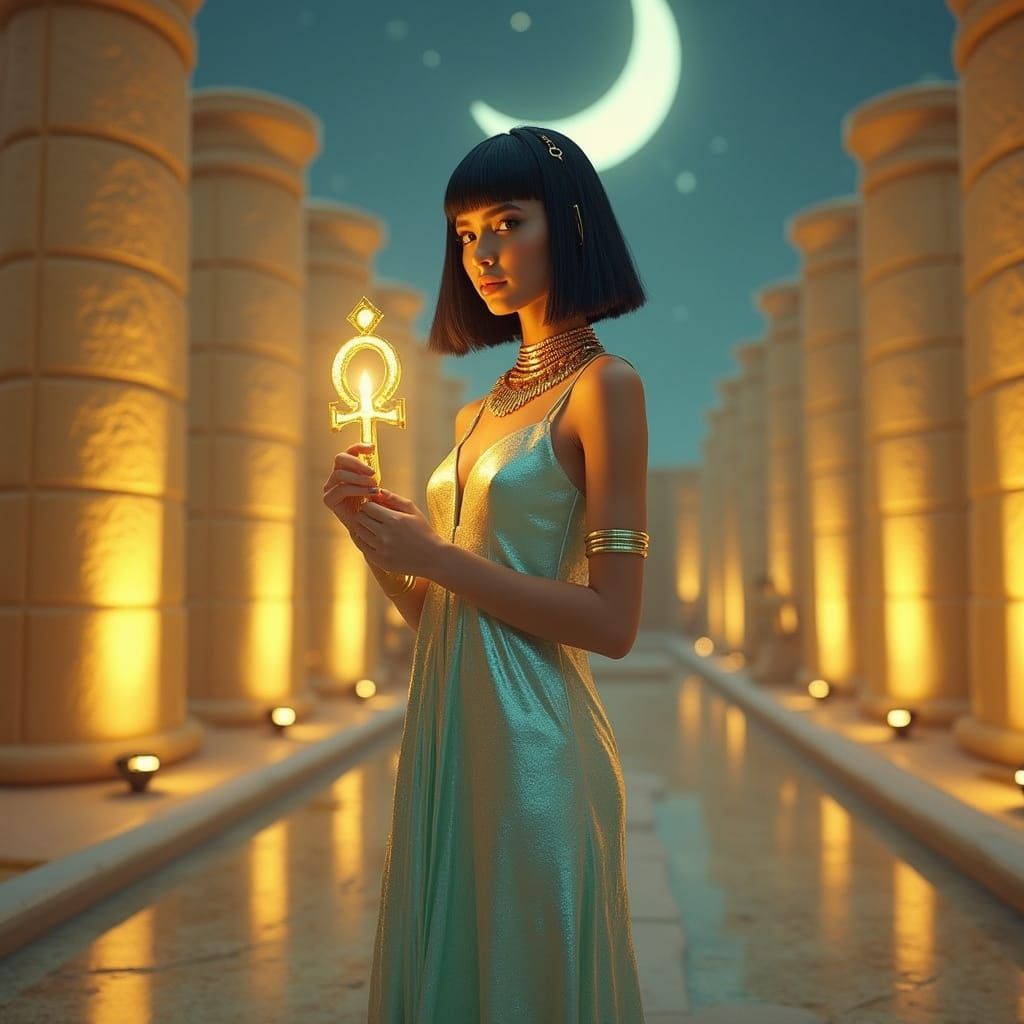 Confident Futuristic Goddess in Golden Egyptian Landscape