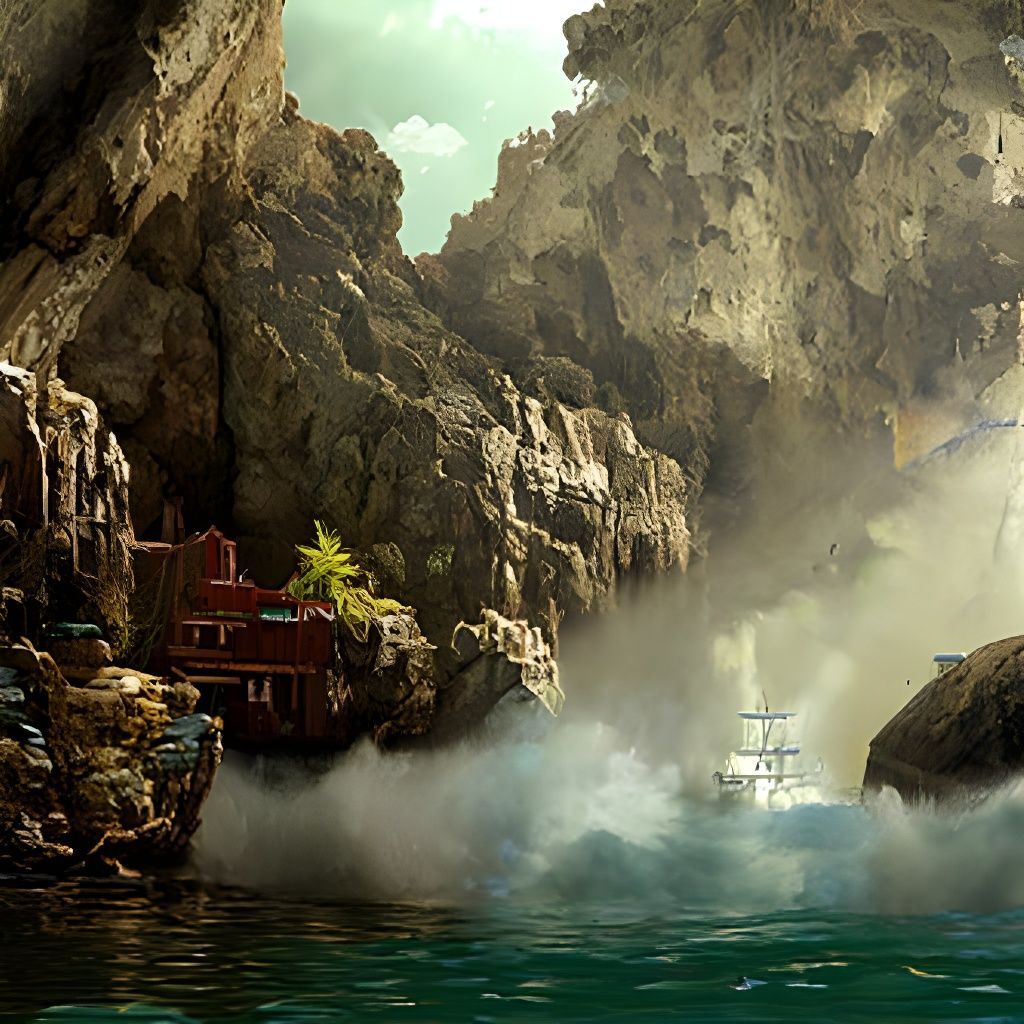 Hyperrealistic Misty Pirate Cove with Cliffs