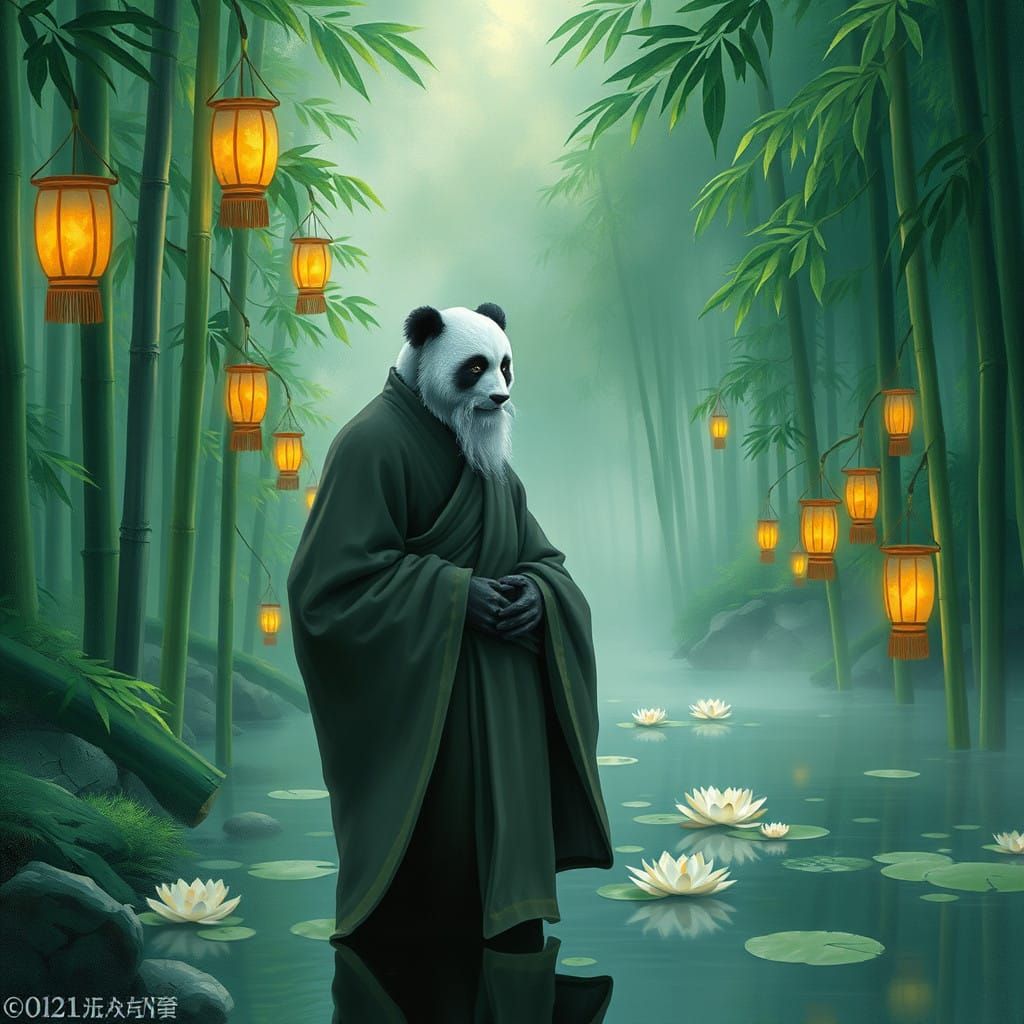 Peaceful Pandaren Monk in Lush Bamboo Forest